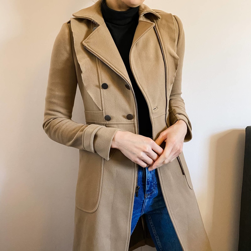 BCBGMAXAZRIA Tan Ruffle Fayette Peacoat